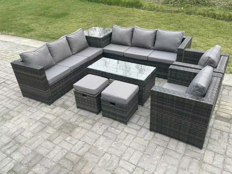 Fimous 10 Seater Rattan Corner Sofa Set With Square Side Table And Oblong Rectangular Coffee Tea Table 2 PC Arm Chair 2 Stools Dark Grey Mixed