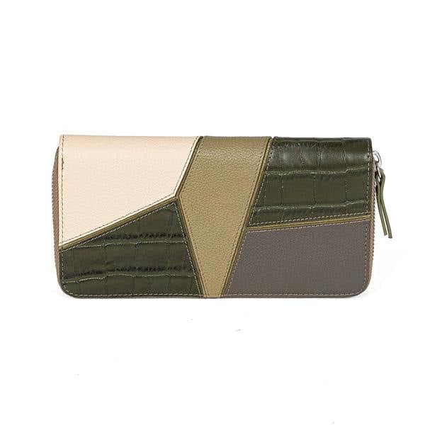 Pia Colour Block Leather Purse, Olive & Ecru Geometric Wallet with Zip