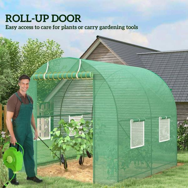 Green polytunnel greenhouse with roll-up door, frame and side zip panels