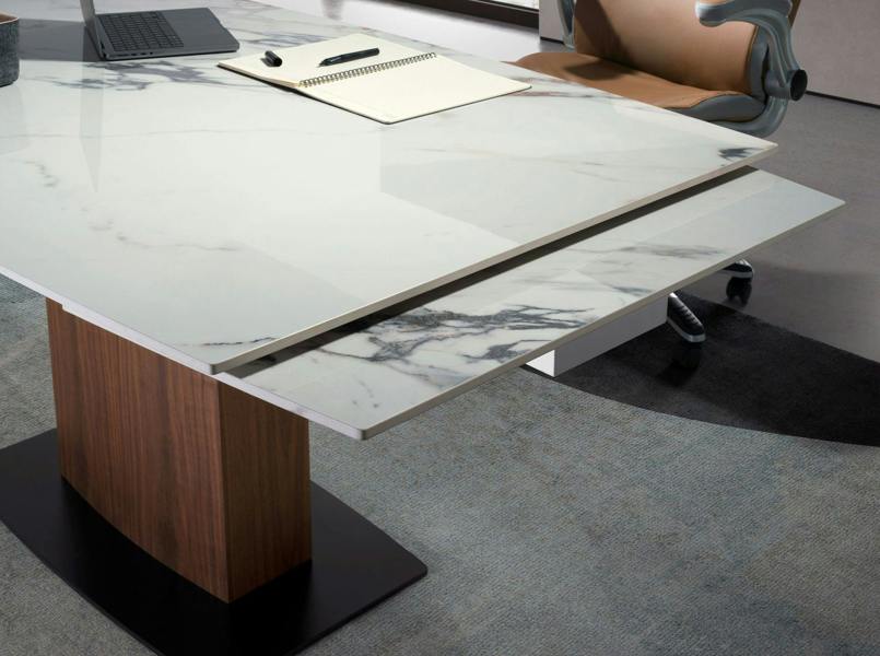 Angel Cerdá Oval Barrel porcelain marble and walnut extending dining table 1133