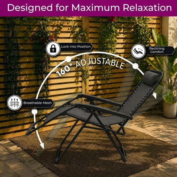 Neo Black Zero Gravity Recliner Garden Sun Loungers x2