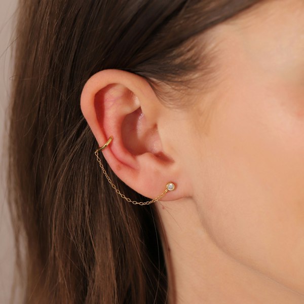 Gold Trip Chain Link Ear Cuff Single Stud Earring