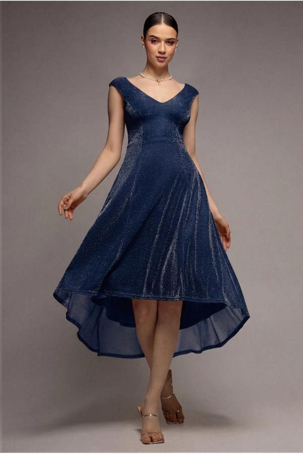 Off The Shoulder Lurex High Low Dress - Navy DR3642