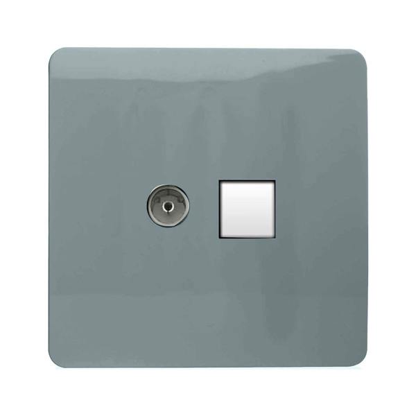 Trendi Switch 2 Gang TV Co-Axial & RJ45 Cat 6 Modern Designer PC Ethernet Sockets in Cool Grey