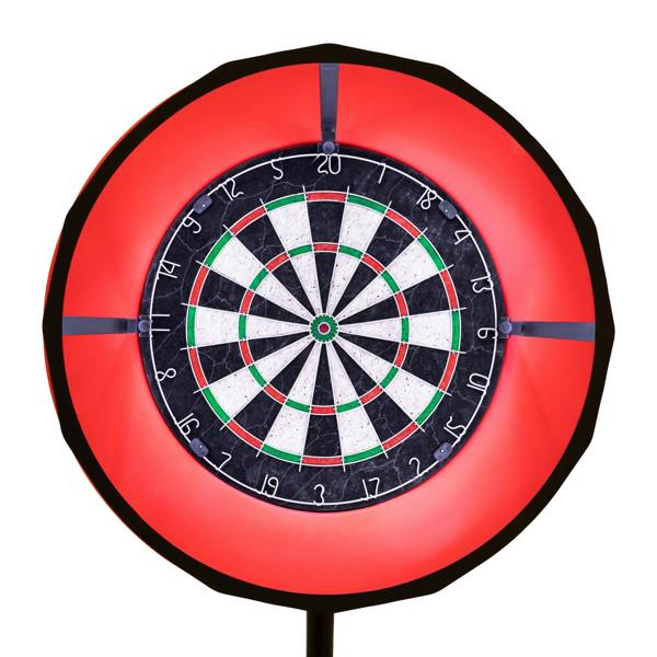 Dart board set featuring a vibrant LED surround, highlighting the classic black and white target with colorful scoring sections