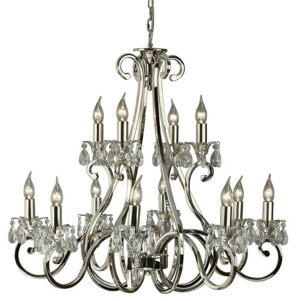 Esher Ceiling Pendant Chandelier Polished Nickel & Crystal Curved 12 Lamp Light Loops