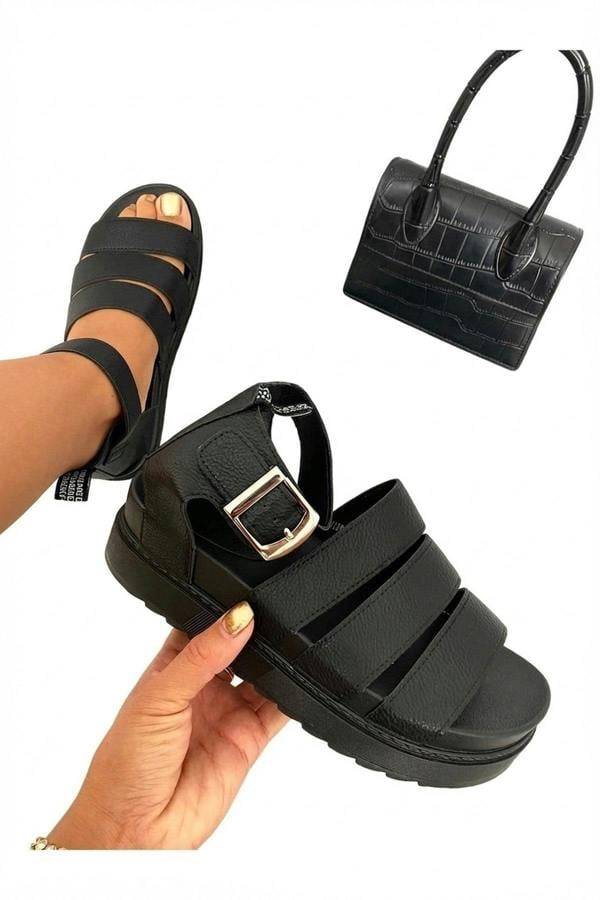 Callie Strappy Gladiator Chunky Sandals - Black_wb