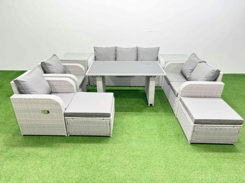 Fimous 9 Seater Garden Furniture Set PE Rattan Garden Sofa Set with Rectangular Dining Table 2 Big Stool 2 Side Tables Light Grey