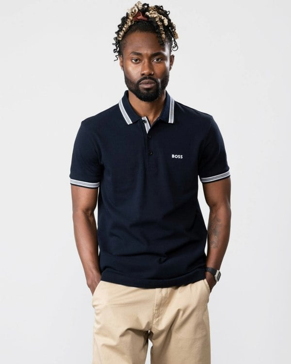 BOSS Green Paddy Mens Cotton-Piqué Polo Shirt with Contrast Logo - Dark Blue 402