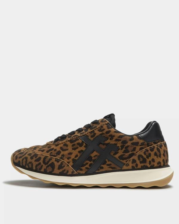FitFlop Womens Retro - Q FF Suede Leopard Trainers - Tan/Black E76 | CHO | Designer Womens Trainers