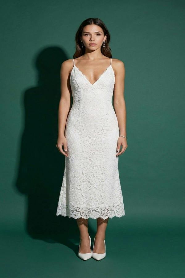 Viviana Strappy Floral Lace Midi Dress - White