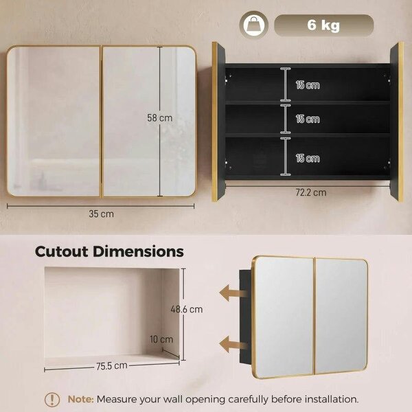 76.2 x 11.6 x 61 cm Bathroom Mirror Cabinet, Wall Cabinet with Adjustable Shelves, Wall-Mounted or Recessed, Gold Tone