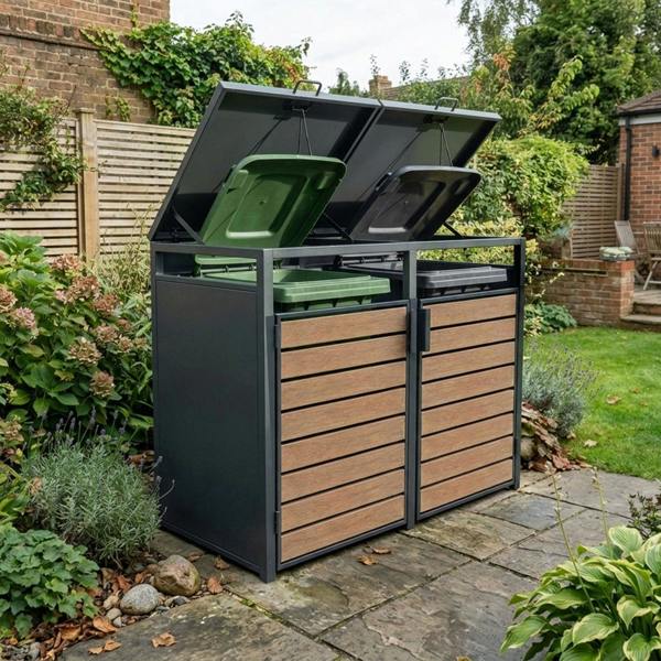 Nicoman Outdoor Metal Garbage Bin Shed with Wood Effect Doors