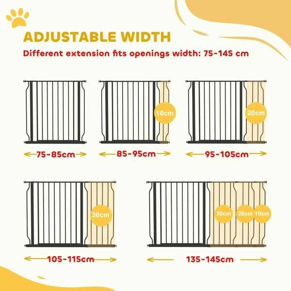 Black pet safety gate adjustable width diagram showing different extension ranges