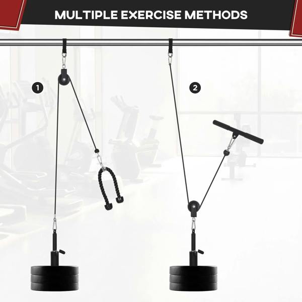 Cable pulley system with two rope handles and loading weight plate setup