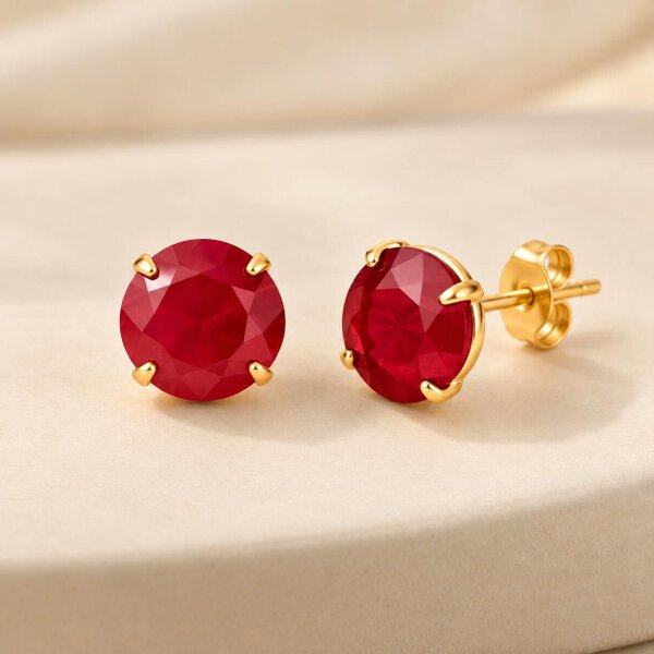 The Colourful Aura Gold Plated Round Coloured Stone Stud Earrings Blue Red Green Yellow Black - Red