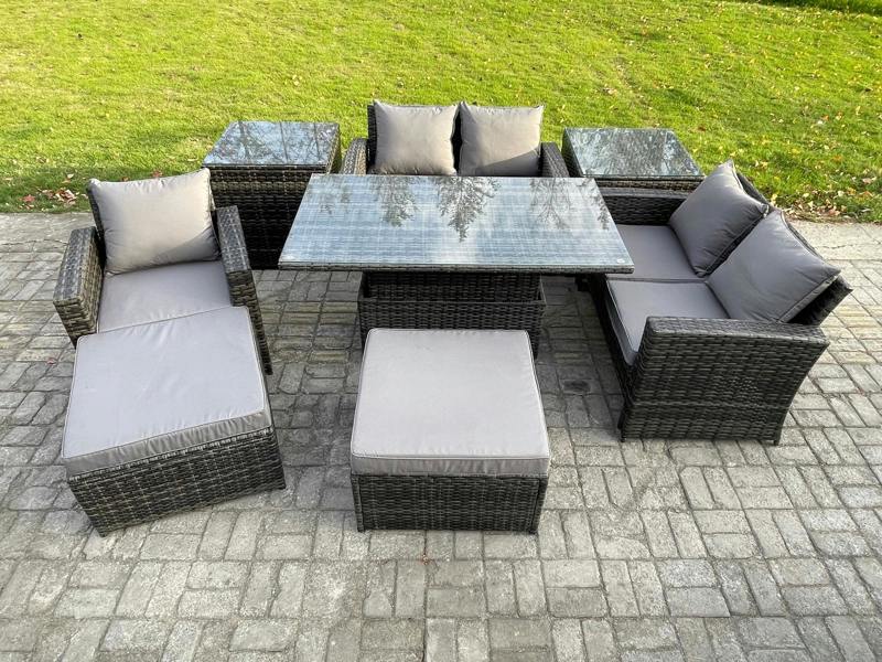 Fimous 7 Seater Outdoor Rattan Patio Set, Garden, Adj Height Table Sofa Dining, 2 Side Tables and 2 Big Footstools, Dark Grey Mixed
