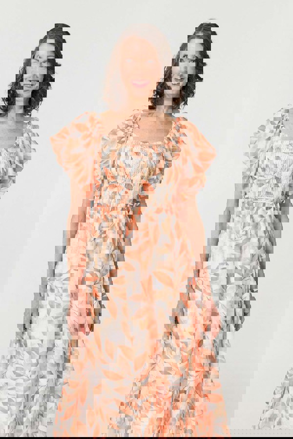 Orange | Leaf Print Short Puff Sleeve Midi Dress
