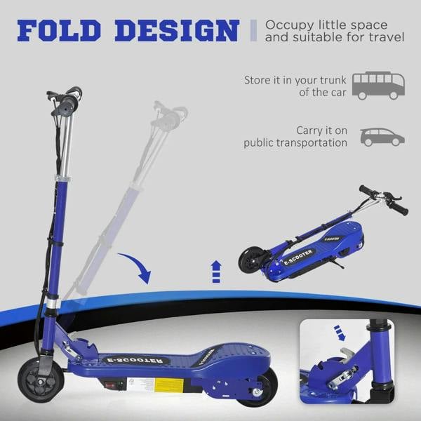 Blue folding electric kids scooter showing compact folded design and deck