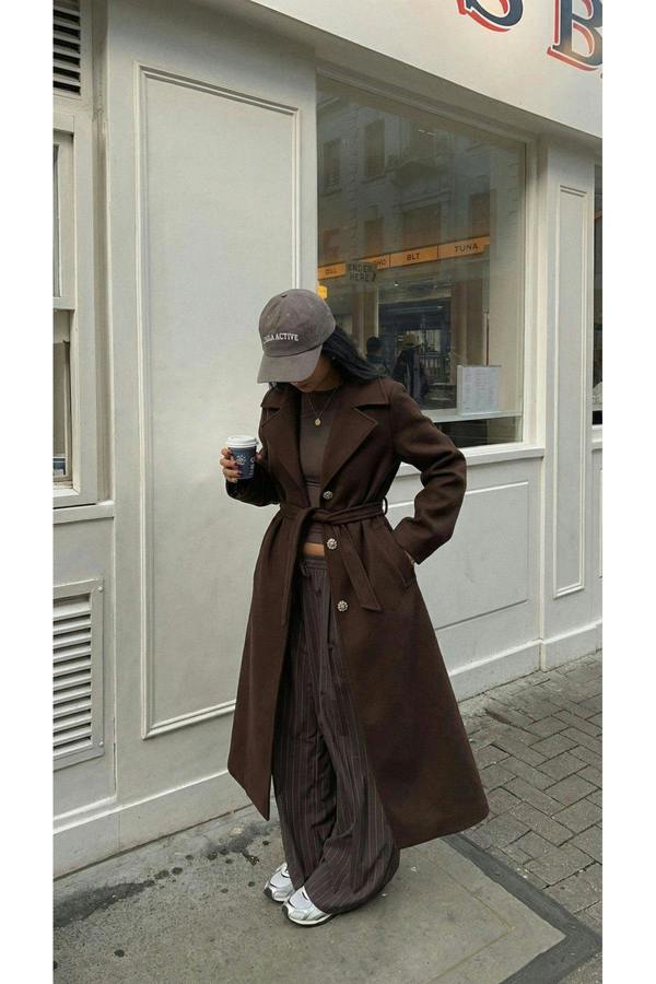 Marelle Belted Longline Coat With Button Detail - Brown