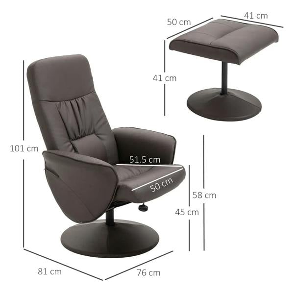 Brown recliner chair with high back, padded arms, and side ottoman footrest; size view.