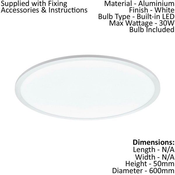 Flush Ceiling Light Colour White Shade Round White Plastic Bulb LED 30W Included Loops