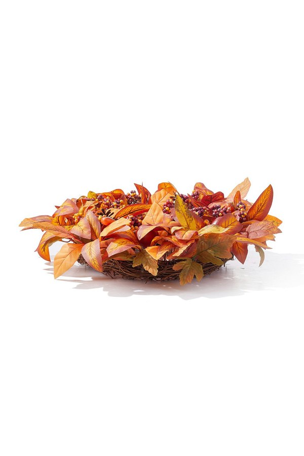 Living and Home 50cm Artificial Fall Wreath for Front Door Magnolia Leaf Wreath with Curved Pumpkin, Pine Cone, Acorn, Berry for Halloween Home Decor