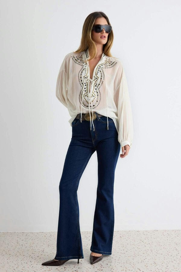 WOVCOR V Neck Drop Shoulder Embellished Crepe Blouse