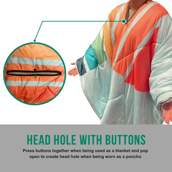 Close up image of the Tonal tree tops Insulated Outdoor Blanko by OLPRO, showing the poncho opening with press studs to illustrate how to use. 