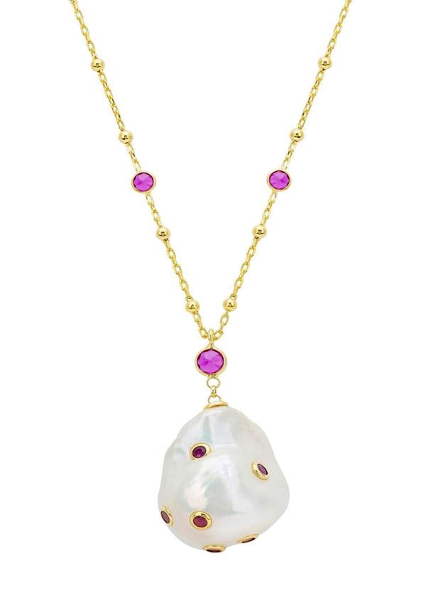 Latelita Polka Dot Baroque Pearl Long Necklace Gold Ruby