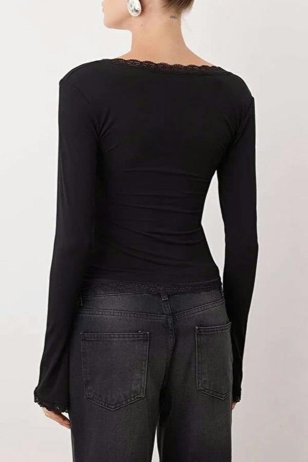 WOVCOR Square Neck Knit Party Blouse with Lace Detail