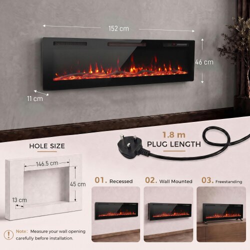 HOMCOM Slim Electric Fireplace Wall Mounted/Recessed/Freestanding 152cm