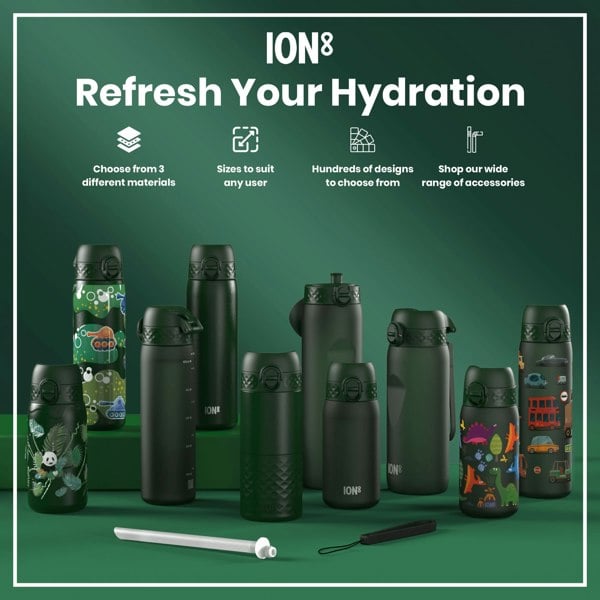 Several ION8 water bottles, various sizes and designs, are displayed on a green surface; some feature child-friendly prints. Accessories are also shown. "Refresh Your Hydration" is the headline.
