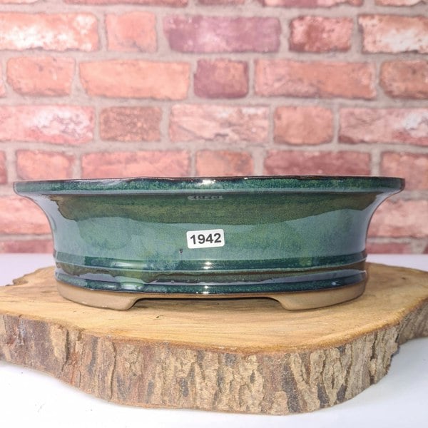 27cm Glazed Bonsai Pot | Oval | 27cm x 21cm x 7cm | Green - Yorkshire Bonsai