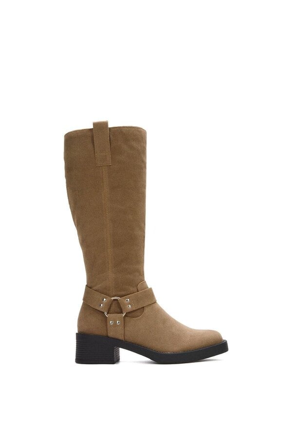 XY LONDON Knee High Biker Mid Block Heel Western Boots - Brown
