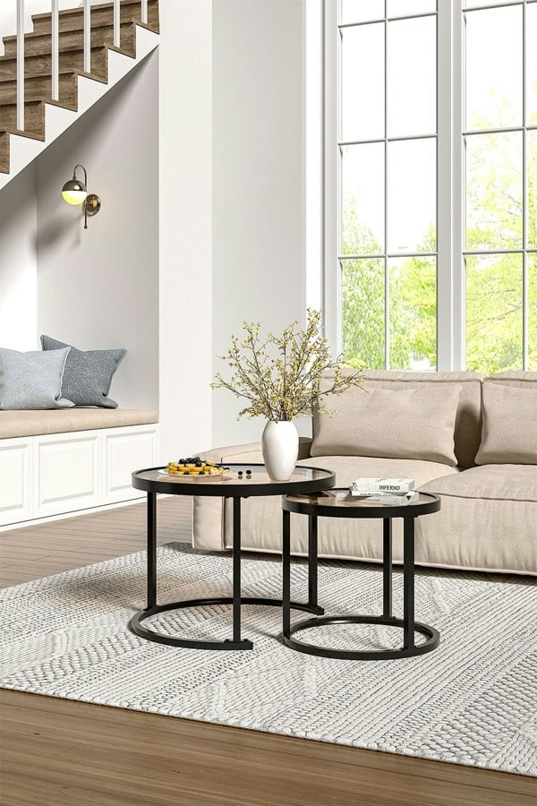 Living and Home Tea Glass Round Nesting Coffee Table Set of 2
