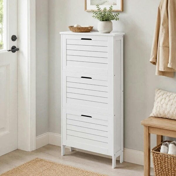 Bobobiy Narrow Shoe Cabinet with 3 Flip Drawers - White
