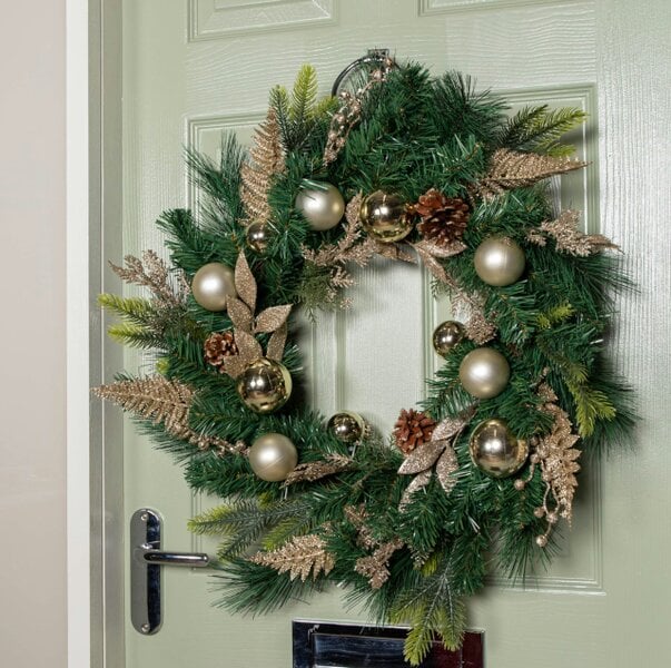 Samuel Alexander 60cm Hanging Christmas Wreath with Gold Baubles, Pinecones & Glitter Berries