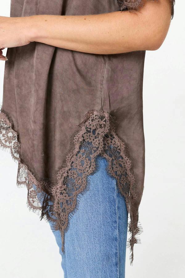 Brown | Lace Trim Asymmetric 1/2 Sleeve Top