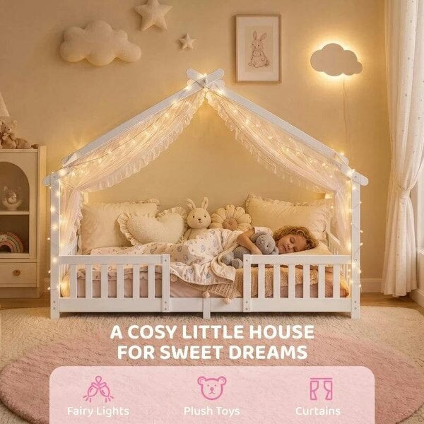 Wooden Kids House Single Bed Frame, Solid Pine Wood Toddler Bed with Dual Guardrails for Children, Boys, Girls, White