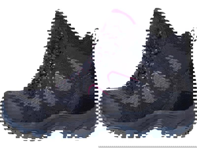 Karrimor Bodmin Mid 6 Womens Walking Hiking Trekking Boots, black and pink ankle-high hiking boots with sturdy sole and lace-up front.