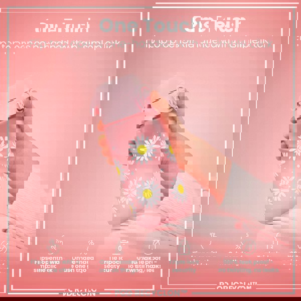 A pink daisy-patterned water bottle is held; its flip top opens one-handed via a simple click; against a pink background.