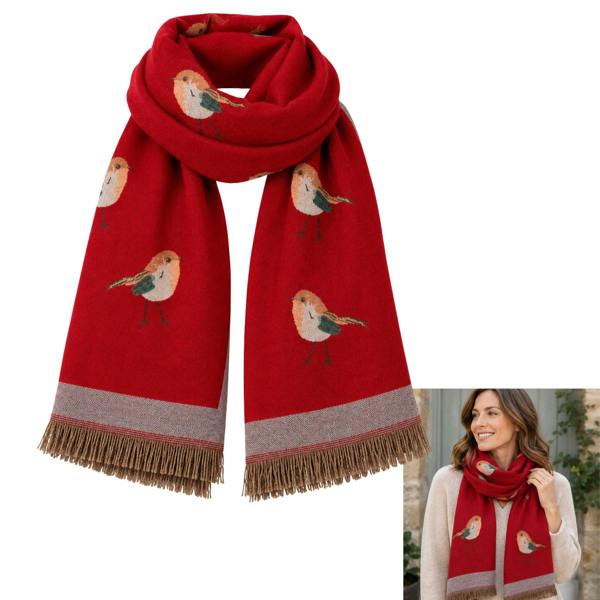 Women’s Robin Bird Scarf with Fringed Edge