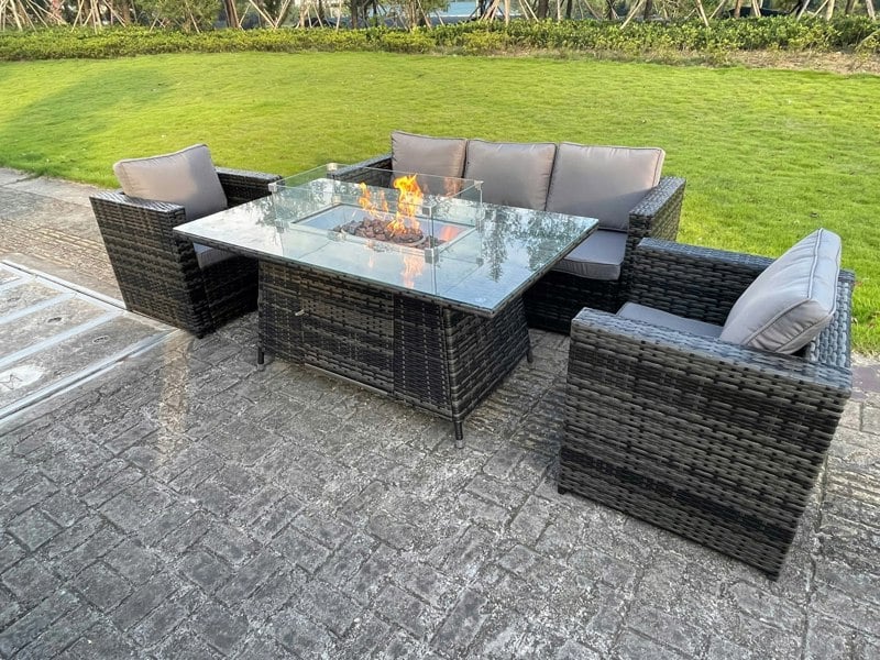 Fimous PE Wicker 5 Seater Rattan Garden Furniture Gas Fire Pit Table Gas Heater Sets Lounge Sofa Set With Chair Clear Tempered Glass