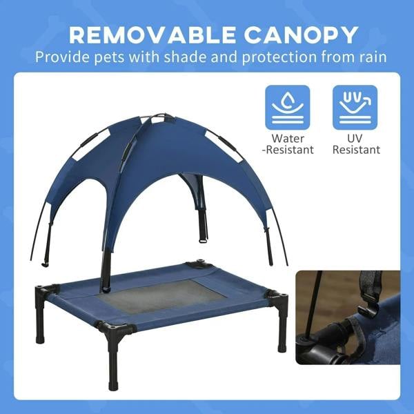 Blue raised pet cot with removable UV canopy and breathable mesh platform cover