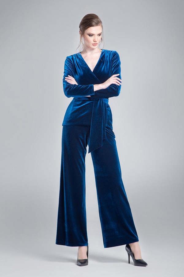 Rumour London Evelyn velvet wrap jacket with a self-tie sash in royal blue