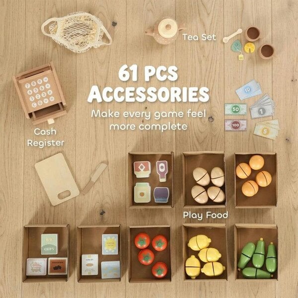 Bobobiy Pretend Play Shop, Wooden Kids Grocery Store Playset with Play Food, Cash Register, Chalkboard, 61 Accessories for 3-8