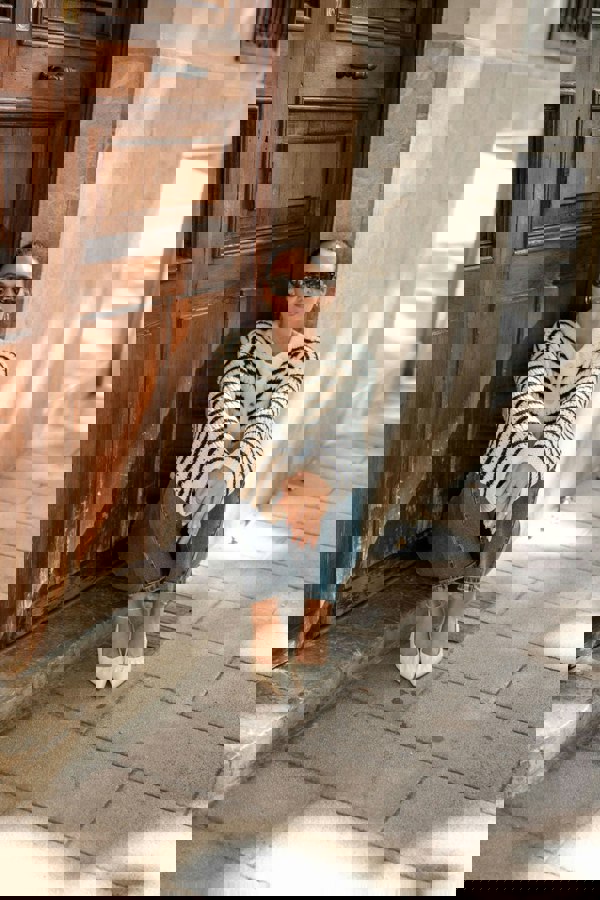 Gini London Cream Stripe Cable Knit Crop Cardigan