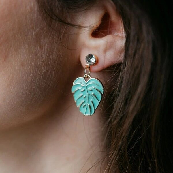 The Colourful Aura Green Tropical Feather Leaf Zircon Charm Dangle Drop Stud Statement Earrings
