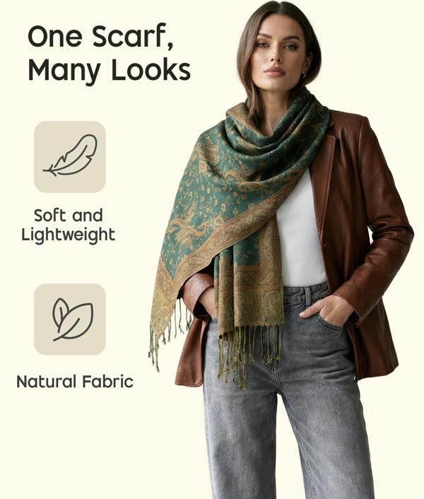 VIA MONTEN Women’s Paisley Pashmina Style Scarf, Oversized Jacquard Shawl Wrap with Fringe for Daily Styling